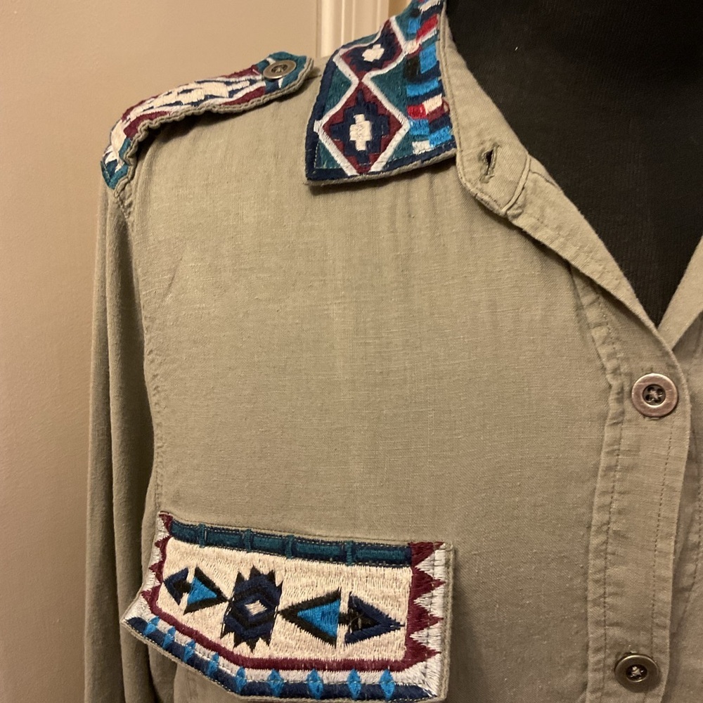 RAILS Kona Button-Front Linen Blend Embroidered Olive Green Shirt Size S Boho - Picture 5 of 8